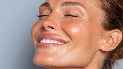 The woman's face shows a happy smile as she looks at the camera with closed eyes following Rf Microneedling