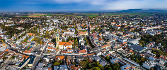 Aerial wide view around the city Stockerau in Austria on a sunny autumn day