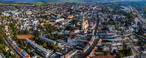 Aerial wide view around the city Stockerau in Austria on a sunny autumn day