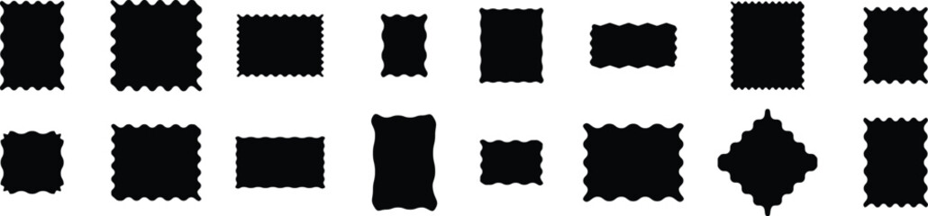 Collection of rectangle frames with wavy edges. Different wavy shapes with squiggly edge border. Picture or photo frames, empty text boxes, tags, labels. Vector graphic illustration