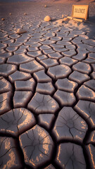 Cracked earth texture with a silence sign evokes feelings of drought, environmental issues, and desolate landscapes