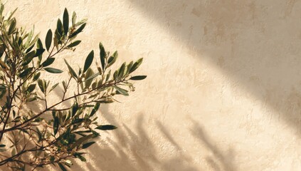 Olive branches cast shadows on a beige wall