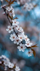 Delicate white cherry blossoms blooming on branch against soft blurred blue background, spring beauty
