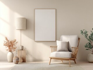Beige-toned living room scene with empty frame