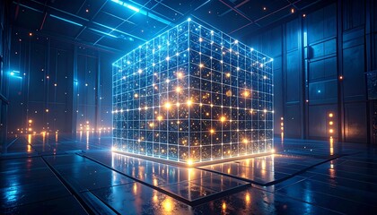 Glowing cube of interconnected data nodes, a futuristic representation of big data processing and quantum computing technology
