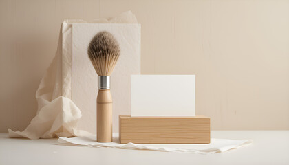 Obraz premium Minimalist mockup featuring a cosmetic brush and card on a wooden holder against a beige backdrop