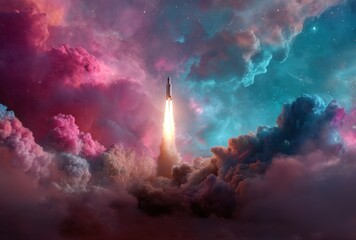Spectacular rocket launch ascending through vibrant pink and blue clouds into the sky