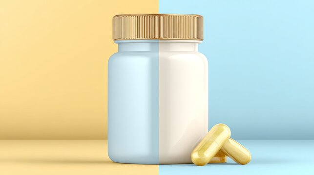 The label senolytic is paired with a soft focus visual, set against a pastel background, and includes a bottle capsule with a white lid