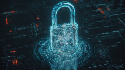 glowing holographic padlock with intricate circuitry pattern inside floating over dark digital grid futuristic security representation illustration concept scene visual for commercial design use high 