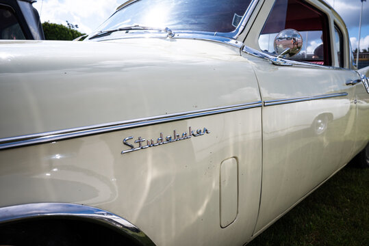 Stockholm, Sweden - August 2, 2025:  White 1956 Studebaker Golden Hawk seen at Stockholm Car Meet