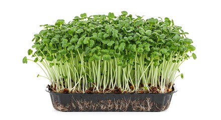 Naklejka premium Freshly sprouted green microgreens with slender stems and vibrant leaves, ready for culinary use.