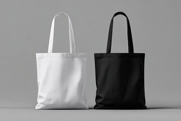 Two blank tote bags, one white and one black, stand side-by-side against a neutral gray backdrop