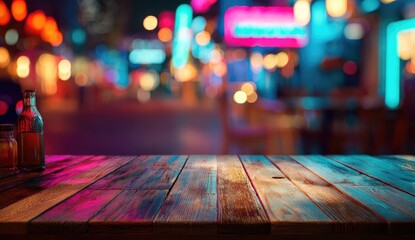 Nighttime city street view through a wooden table. Colorful neon signs blur in the background