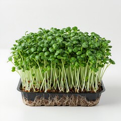 Naklejka premium Organic, bright green microgreens in a black plastic container, showing a dense and healthy crop.