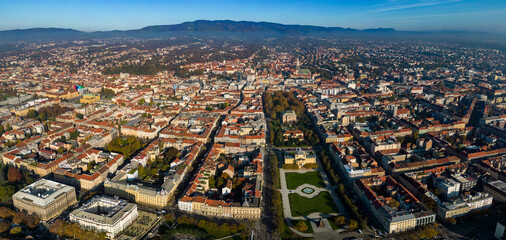 Aerial view of the downtown of the city Zagreb in Croatia, on a sunny morning autumn day