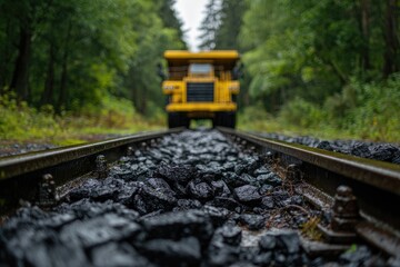 A yellow mining truck on railway tracks through a lush forest