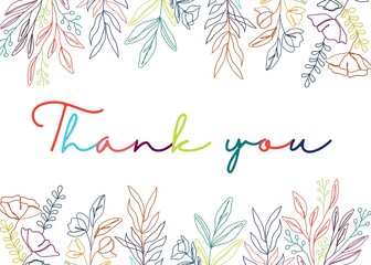 Colorful floral thank you card with line art design.