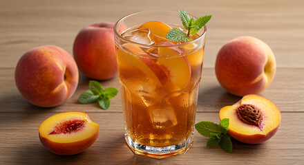 Refreshing Peach Iced Tea with Mint and Peaches