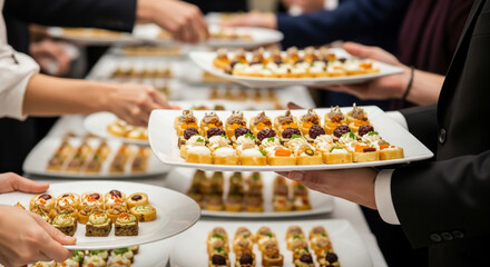 People serving and holding small appetizers at an event