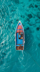 Colorful boat floats on crystal clear turquoise water, perfect for tropical vacation or travel concepts