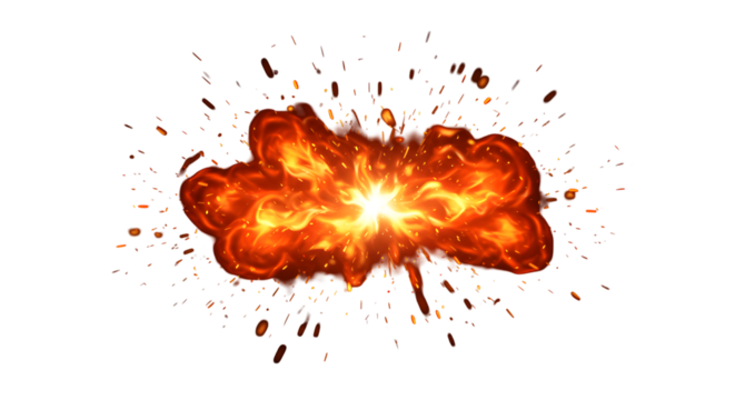 Dynamic fiery explosion with bright sparks and glowing embers captures intense energy and explosive power for dramatic visuals