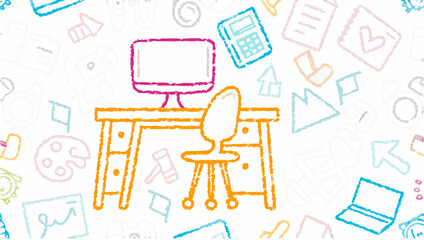 A whimsical illustration of a desk with a computer and chair surrounded by office icons and doodles
