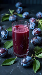 Refreshing plum juice in a glass with fresh plums and leaves, perfect for healthy eating and wellness