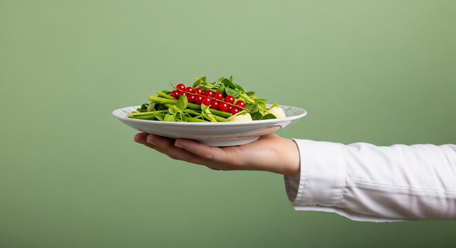Hand holding plate of fresh green salad with red berries