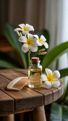 Spa-like tranquility with plumeria flowers, essential oil, and wooden comb on a rustic wooden table for relaxation