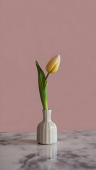 Elegant yellow tulip in a minimalist white vase against a soft pink background, perfect for design projects