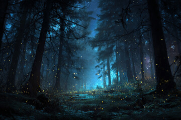 Dark forest scene with twinkling stars above and scattered fireflies, creating a mystical atmosphere.