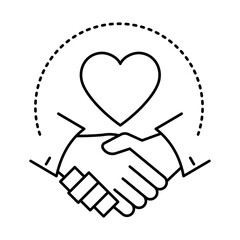 Handshake icon with heart  respect in relationships, mutual understanding.