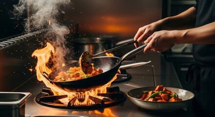 Chef stir-frying food with flames in a wok