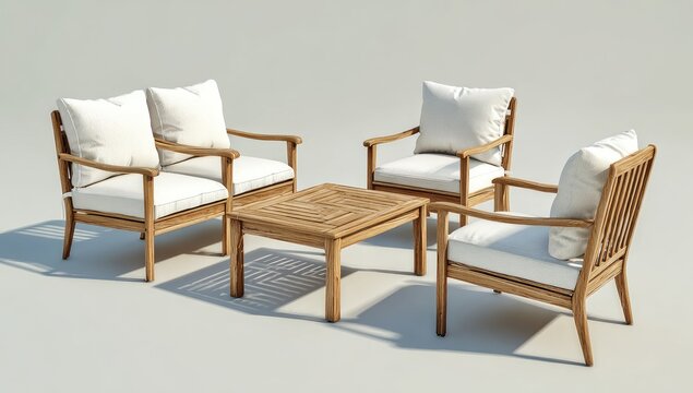 Light-colored wooden outdoor furniture set.  Four armchairs and a small table
