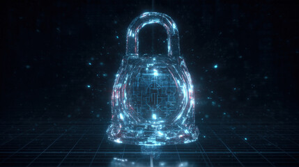 glowing holographic padlock with intricate circuitry pattern inside floating over dark digital grid futuristic security representation illustration concept scene visual for commercial design use high 