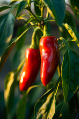 Vibrant red peppers ripening on the vine, ready for harvest with fresh green leaves and sunlight
