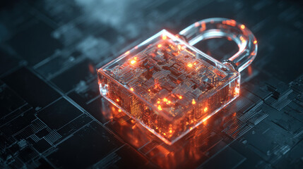 glowing holographic padlock with intricate circuitry pattern inside floating over dark digital grid futuristic security representation illustration concept scene visual for commercial design use high 