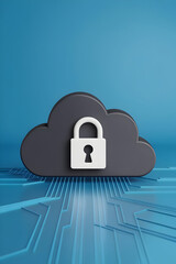 Cloud security concept with padlock symbol over digital circuit board, protecting data from cyber threats