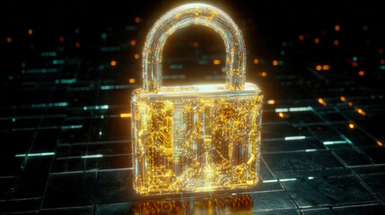 glowing holographic padlock with intricate circuitry pattern inside floating over dark digital grid futuristic security representation illustration concept scene visual for commercial design use high 