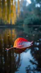 Crimson Autumn Leaf Afloat on Reflective Water  A Vibrant Fall Scene