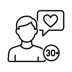 Outline icon of a man with a speech bubble showing a heart and label "30+". Symbol of online dating, relationships, and singles over thirty. Suitable for dating platforms, social apps, or relationship