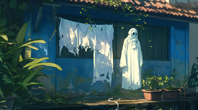 Indonesian ghosts. Pocong, Kuntilanak, scary illustrations