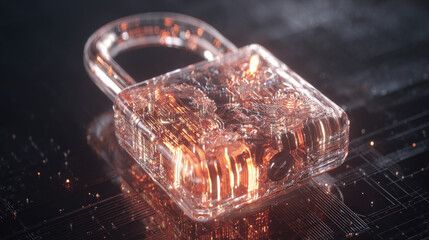 glowing holographic padlock with intricate circuitry pattern inside floating over dark digital grid futuristic security representation illustration concept scene visual for commercial design use high 