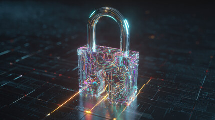 glowing holographic padlock with intricate circuitry pattern inside floating over dark digital grid futuristic security representation illustration concept scene visual for commercial design use high 
