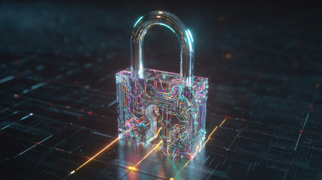 glowing holographic padlock with intricate circuitry pattern inside floating over dark digital grid futuristic security representation illustration concept scene visual for commercial design use high 