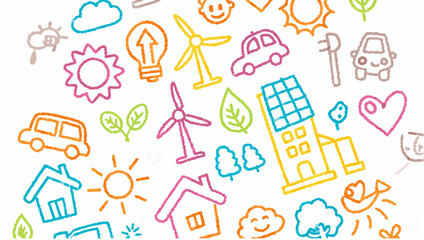 Colorful crayon style drawing featuring renewable energy sources and environmental elements scattered around