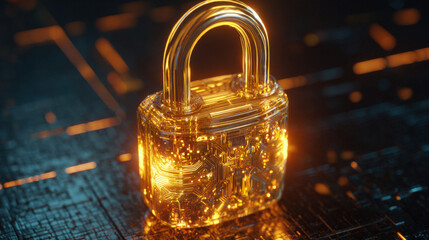 glowing holographic padlock with intricate circuitry pattern inside floating over dark digital grid futuristic security representation illustration concept scene visual for commercial design use high 