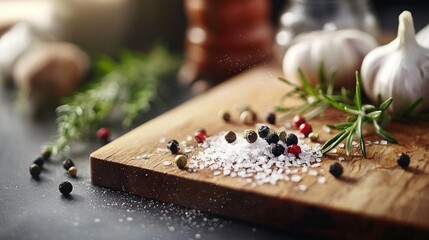 Garlic and spices lifestyle product photography rustic composition background culinary concept