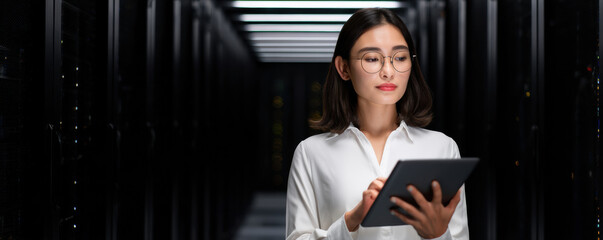 focused individual in a white shirt and glasses uses a tablet in a server room, surrounded by rows of servers and dim lighting.