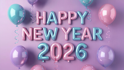 Pastel balloons and letter balloons say "Happy New Year 2026". Soft shadows create depth for festive posters, cards, or social media.